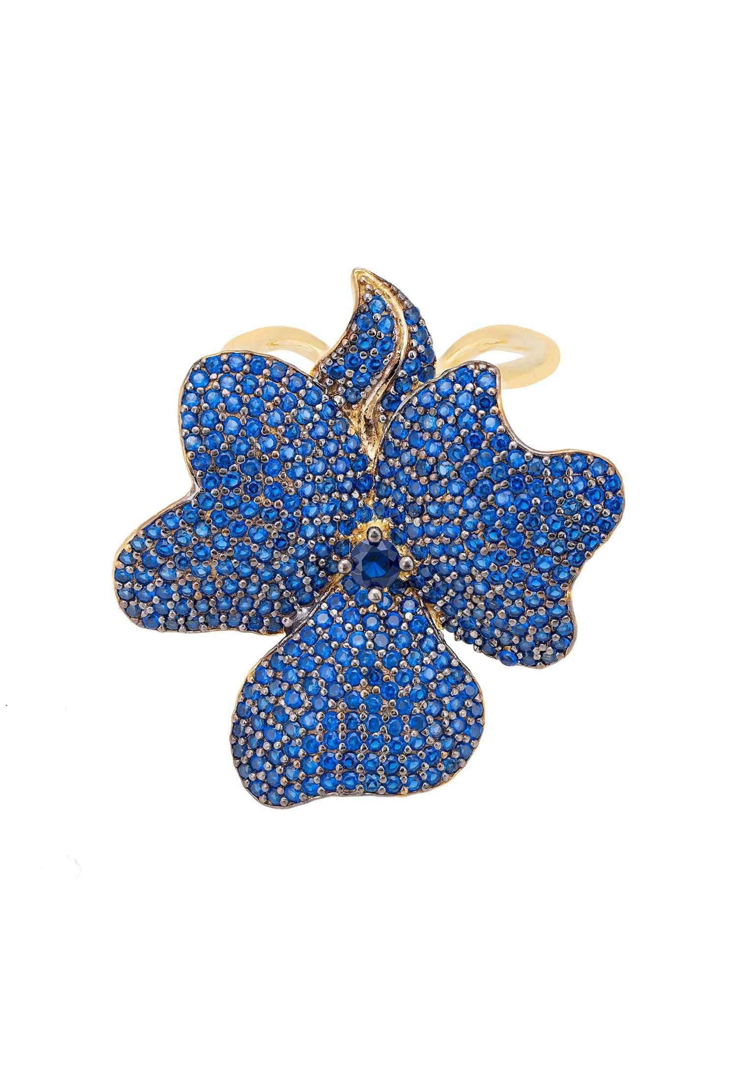 Gold Flower Cocktail Ring with Sapphire Blue CZ - Statement Jewelry for Evening Events and Weddings Bijou Her