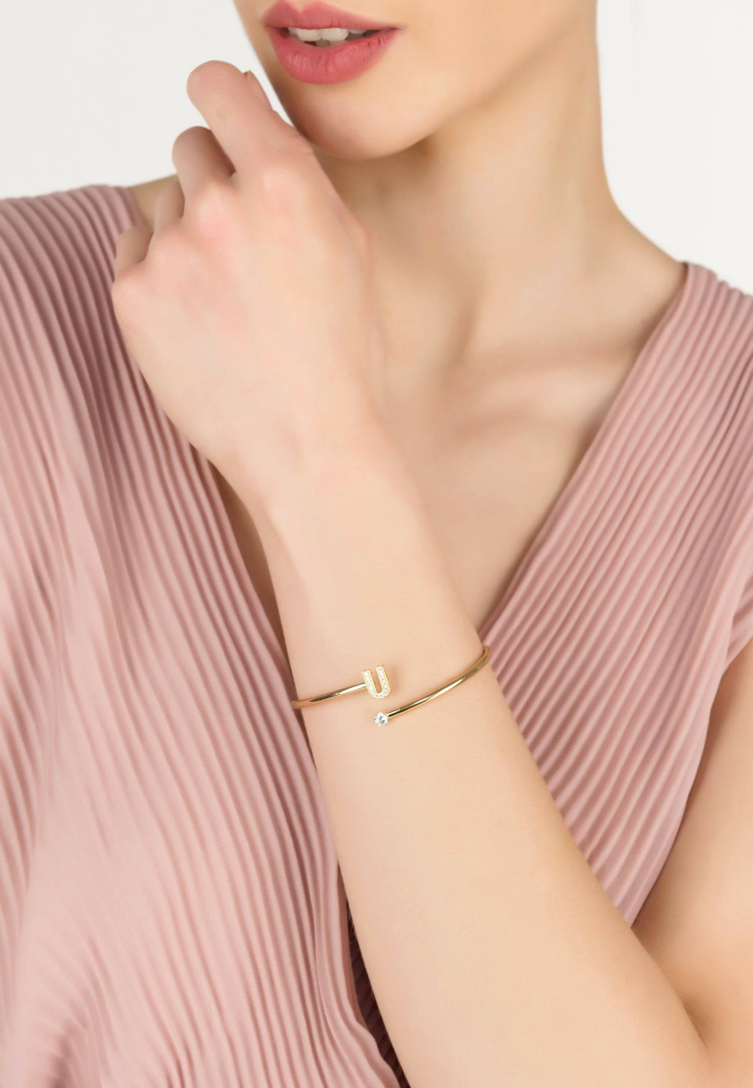 Gold Initial Bangle Bracelet with Zircon Monogram and Cubic Zirconia - Personalized Birthday Gift Idea Bijou Her