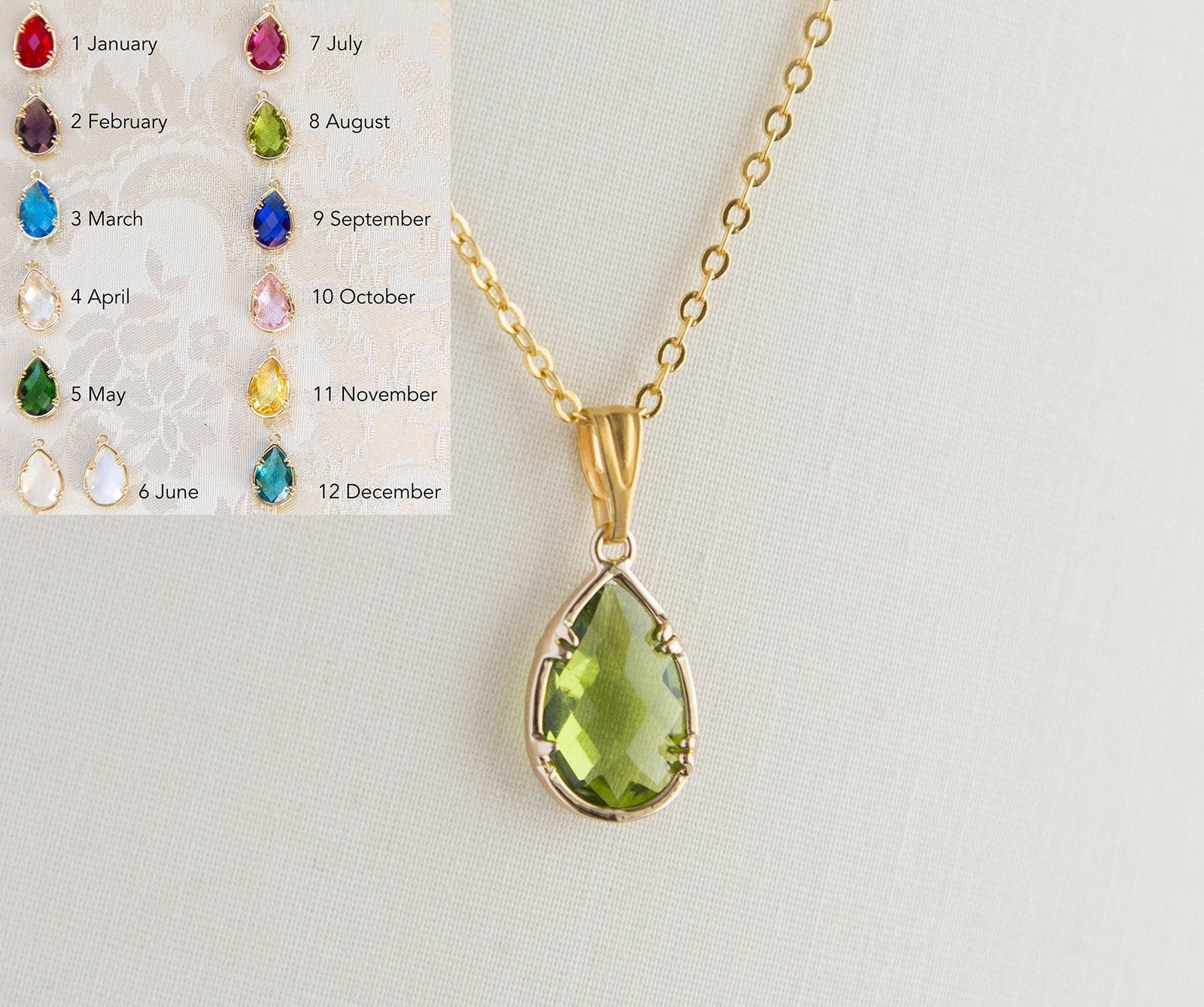 Gold Plated Birthstone Pendant Necklace - Faceted Teardrop Birthday Gift Bijou Her