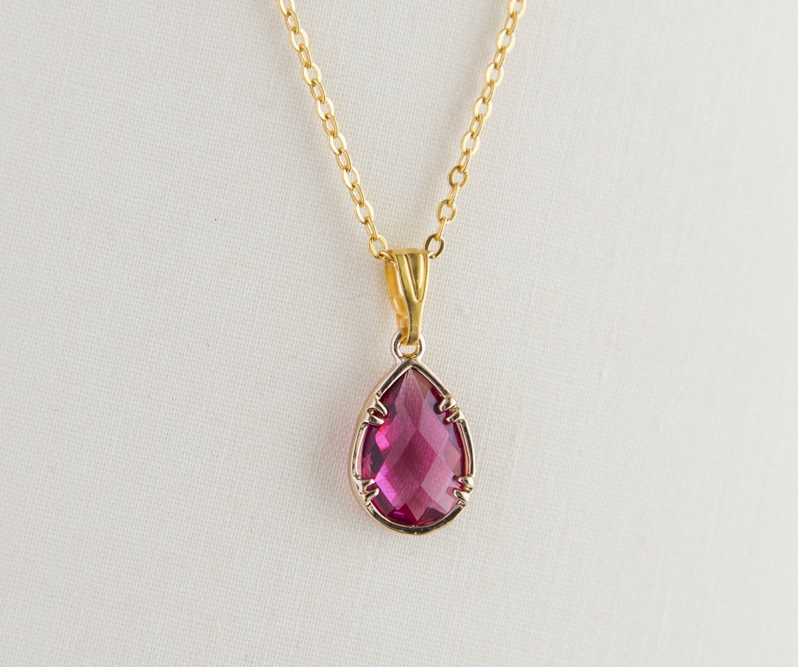 Gold Plated Birthstone Pendant Necklace - Faceted Teardrop Birthday Gift Bijou Her