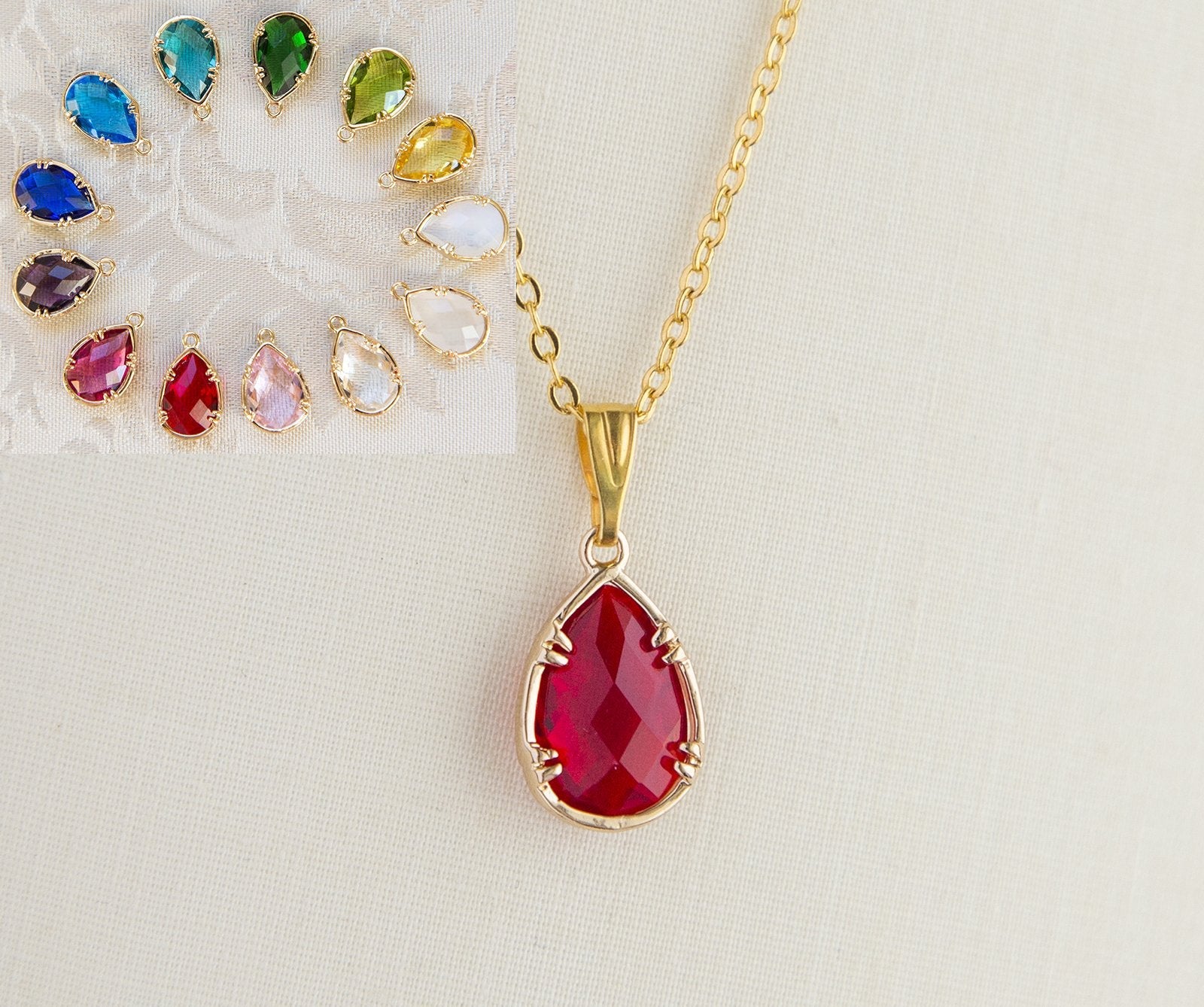 Gold Plated Birthstone Pendant Necklace - Faceted Teardrop Birthday Gift Bijou Her