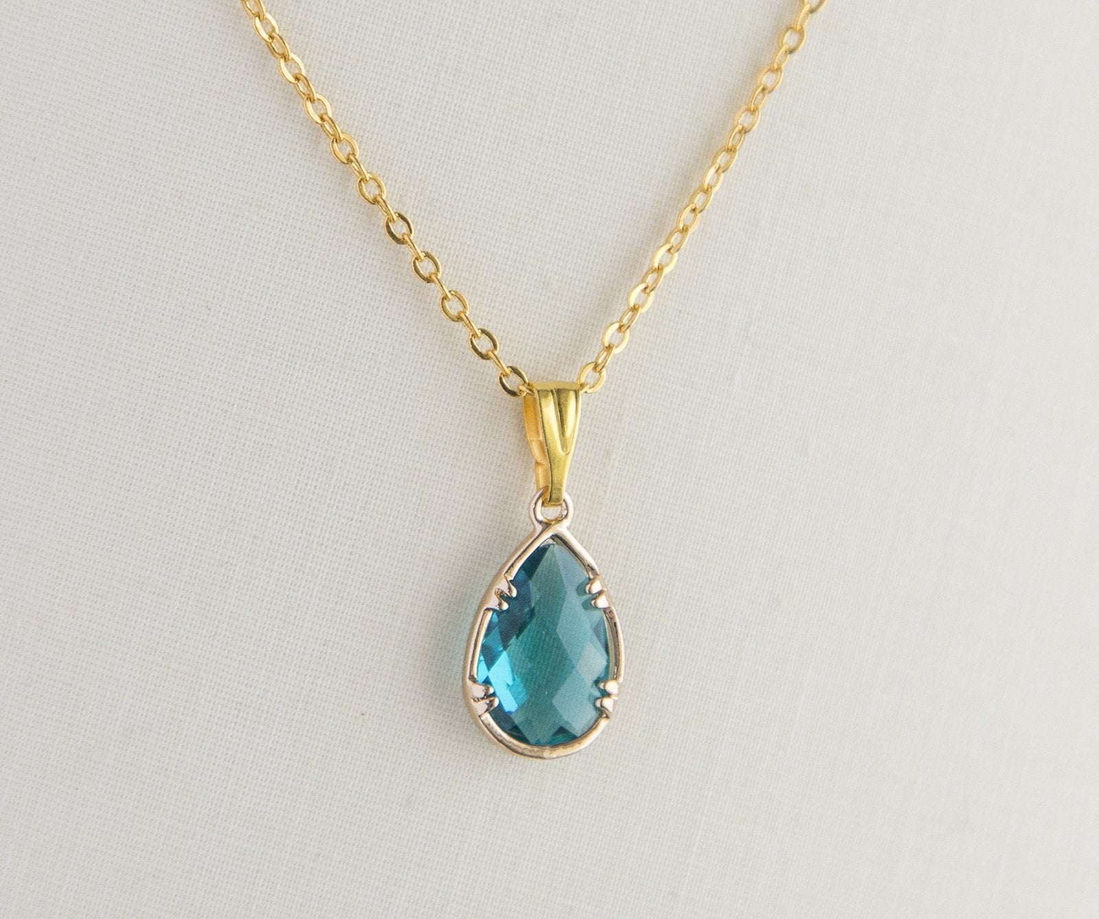 Gold Plated Birthstone Pendant Necklace - Faceted Teardrop Birthday Gift Bijou Her