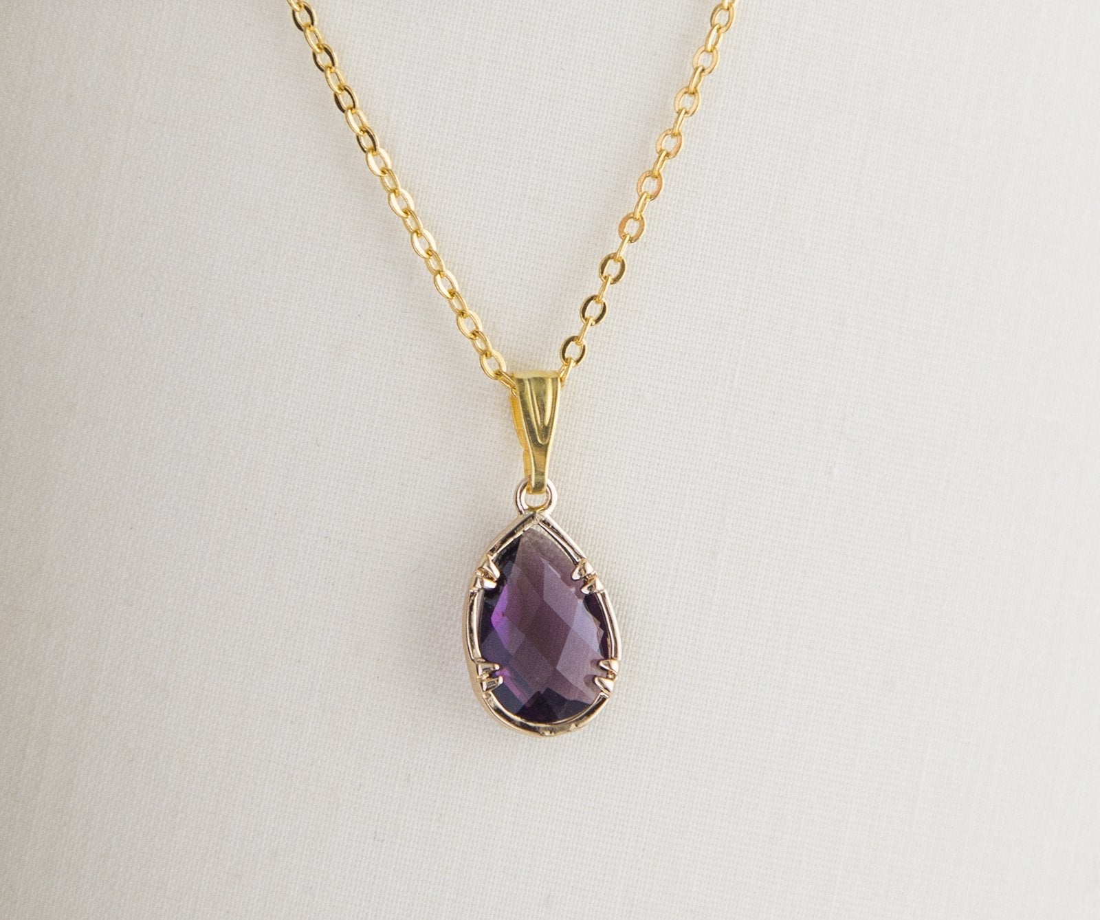 Gold Plated Birthstone Pendant Necklace - Faceted Teardrop Birthday Gift Bijou Her