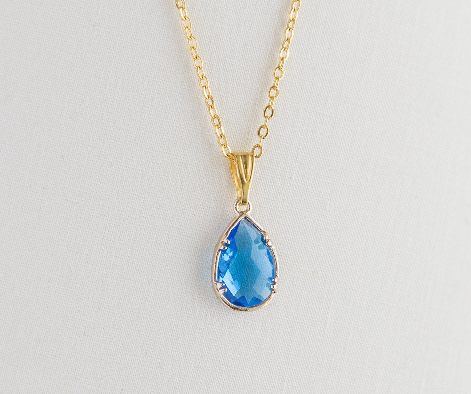 Gold Plated Birthstone Pendant Necklace - Faceted Teardrop Birthday Gift Bijou Her