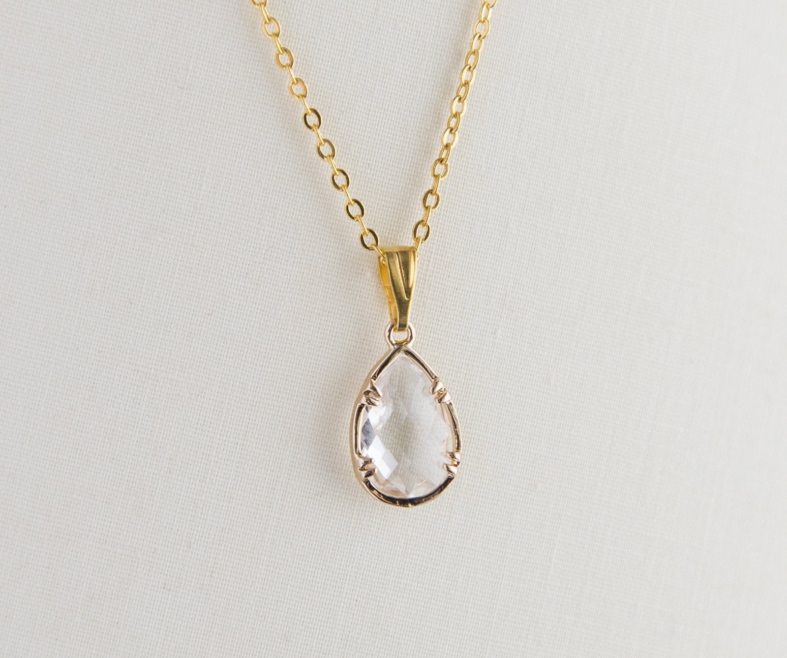 Gold Plated Birthstone Pendant Necklace - Faceted Teardrop Birthday Gift Bijou Her