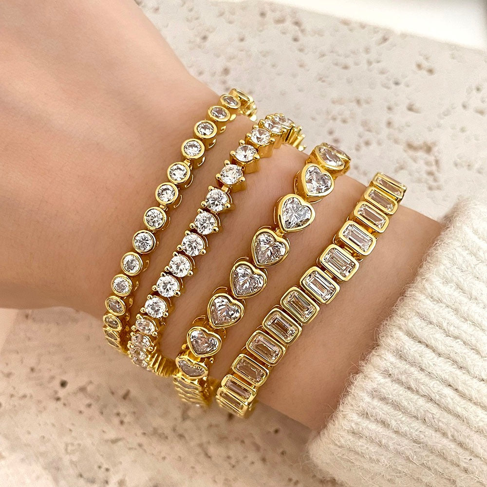 Gold Plated Heart Bezel Tennis Bracelet - Hypoallergenic & Tarnish Resistant, 6.5" with 1" Extender Bijou Her