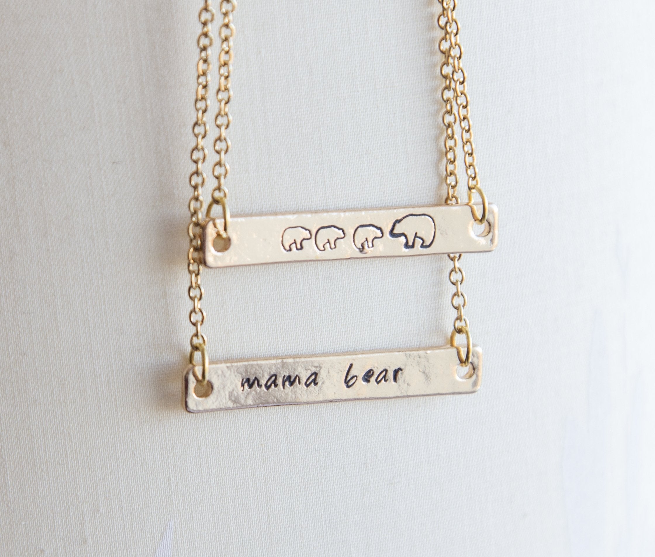 Gold Plated Mama Bear and Cub Hand Stamped Bar Necklace - Customizable Bijou Her