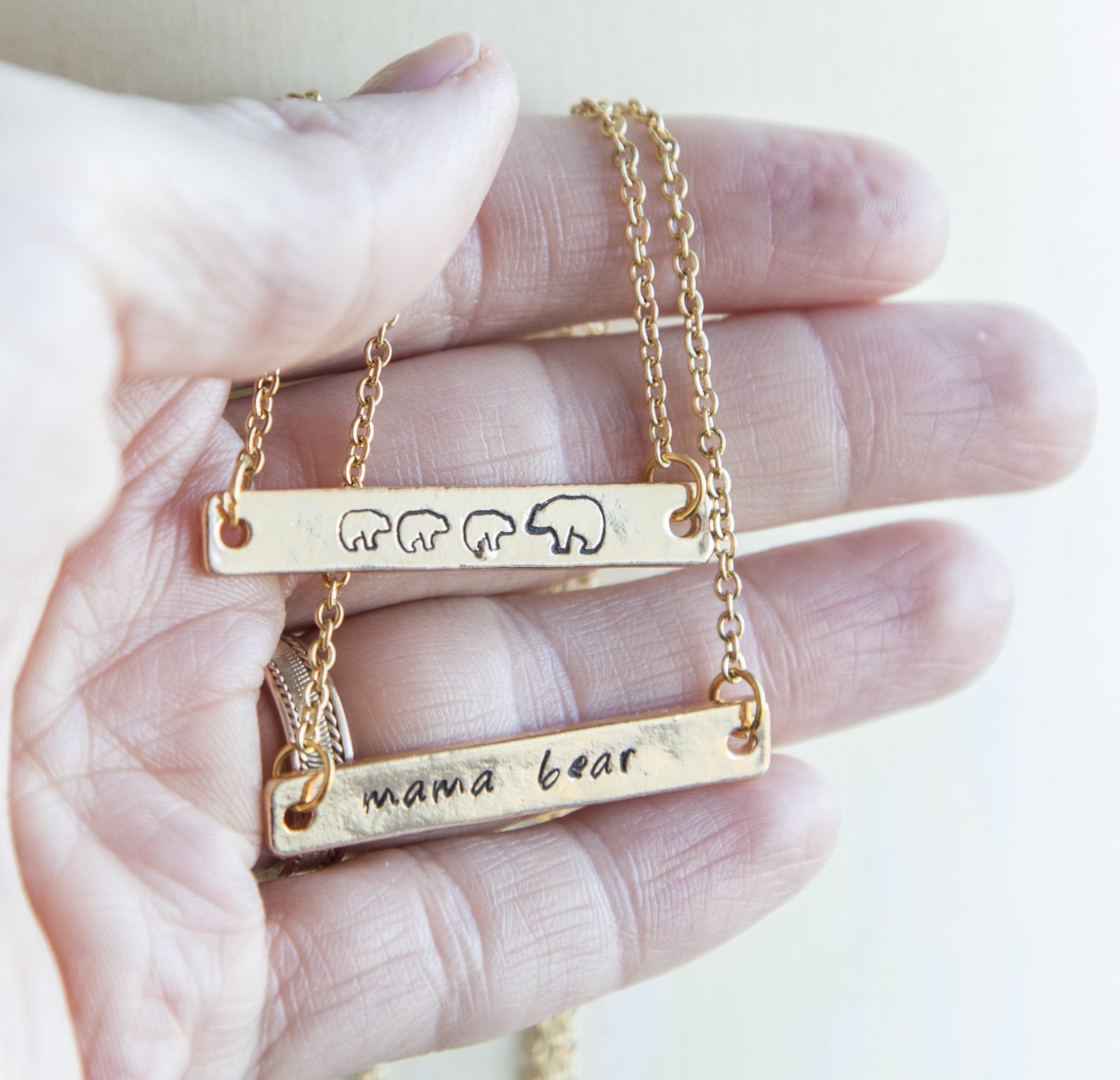 Gold Plated Mama Bear and Cub Hand Stamped Bar Necklace - Customizable Bijou Her