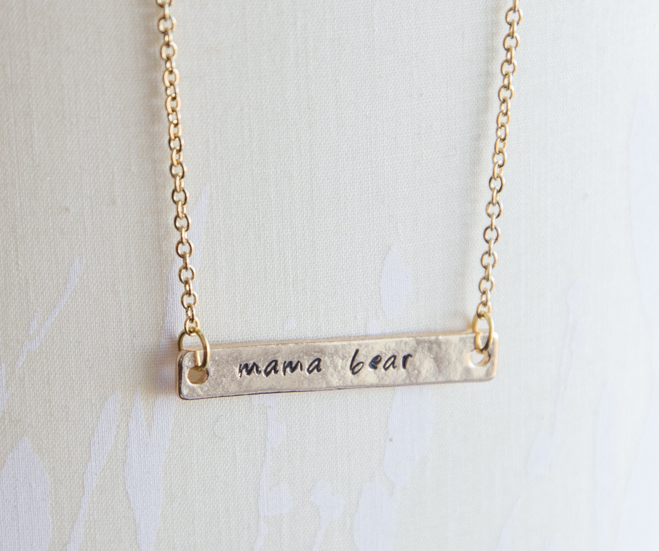 Gold Plated Mama Bear and Cub Hand Stamped Bar Necklace - Customizable Bijou Her