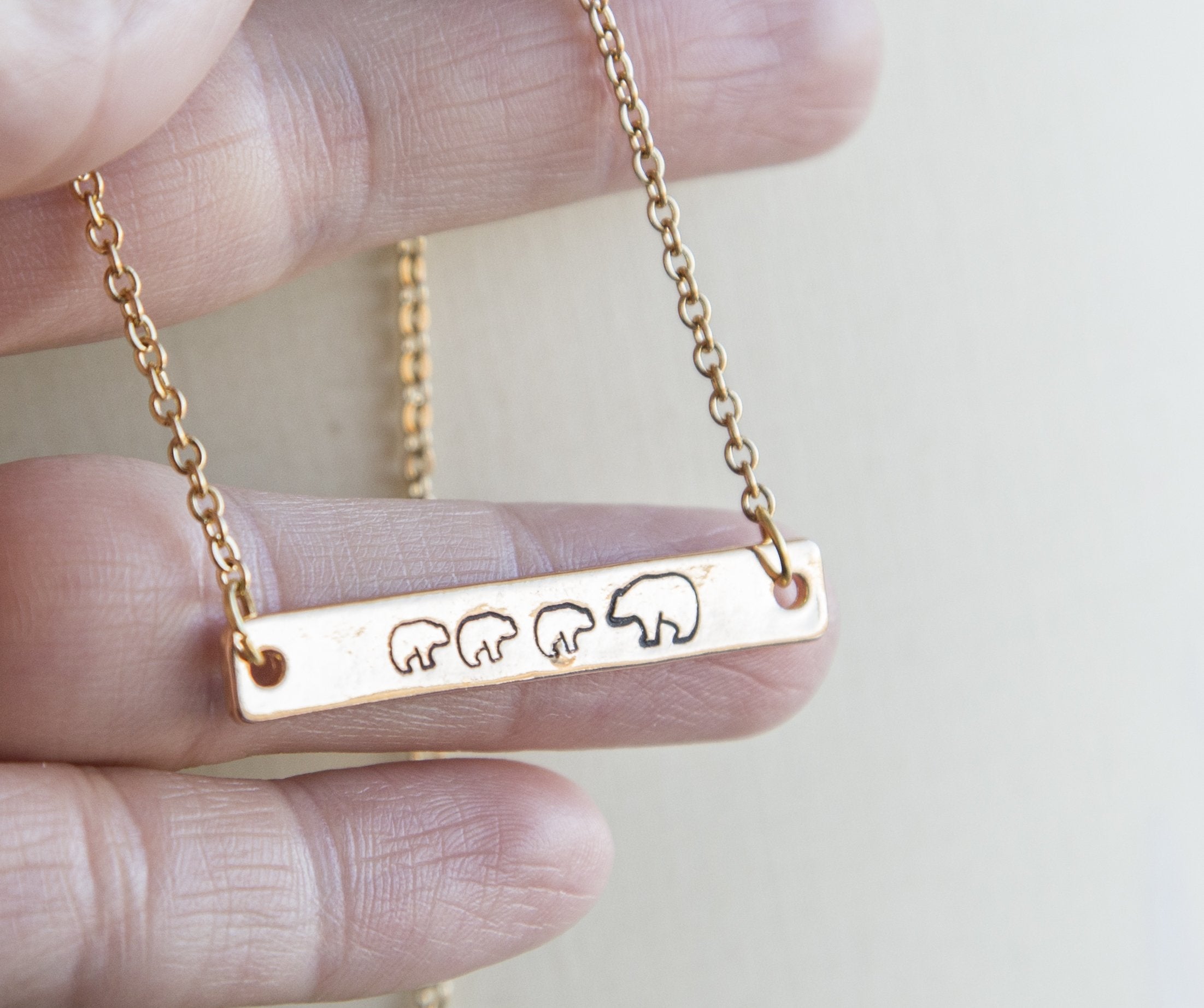 Gold Plated Mama Bear and Cub Hand Stamped Bar Necklace - Customizable Bijou Her