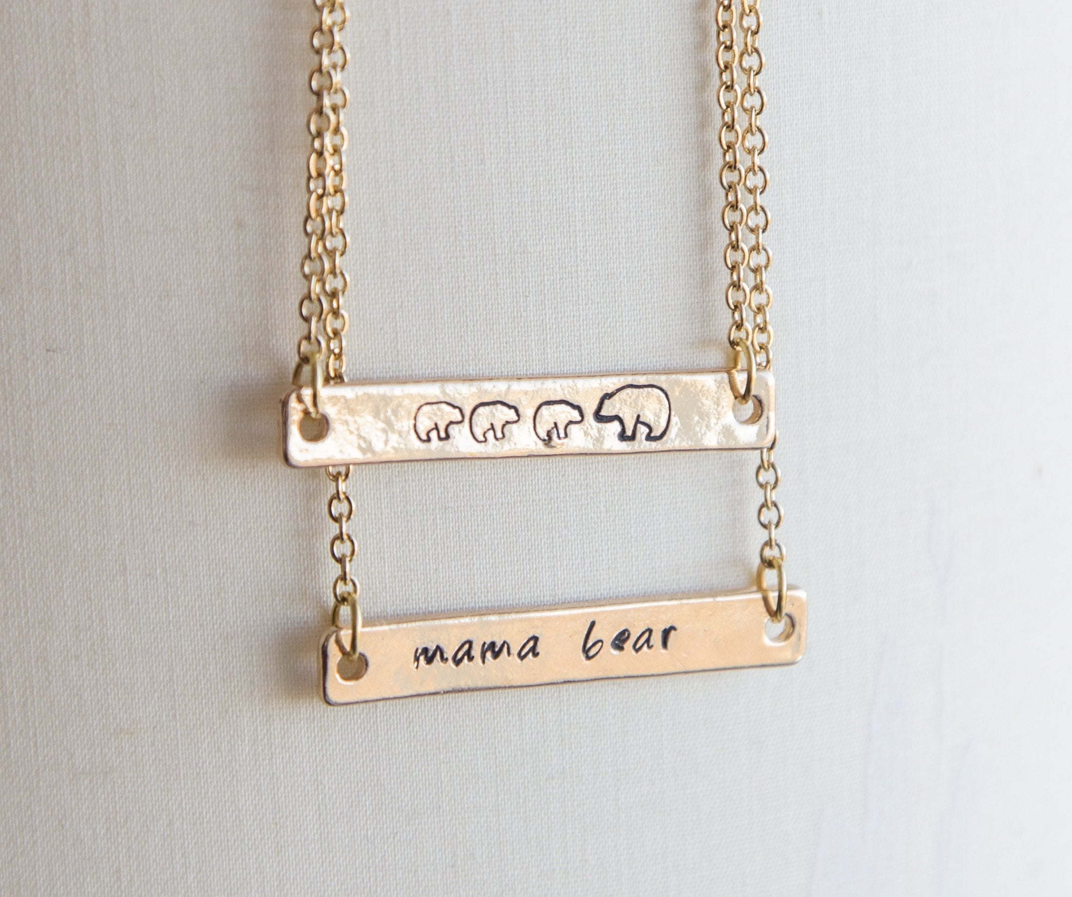 Gold Plated Mama Bear and Cub Hand Stamped Bar Necklace - Customizable Bijou Her