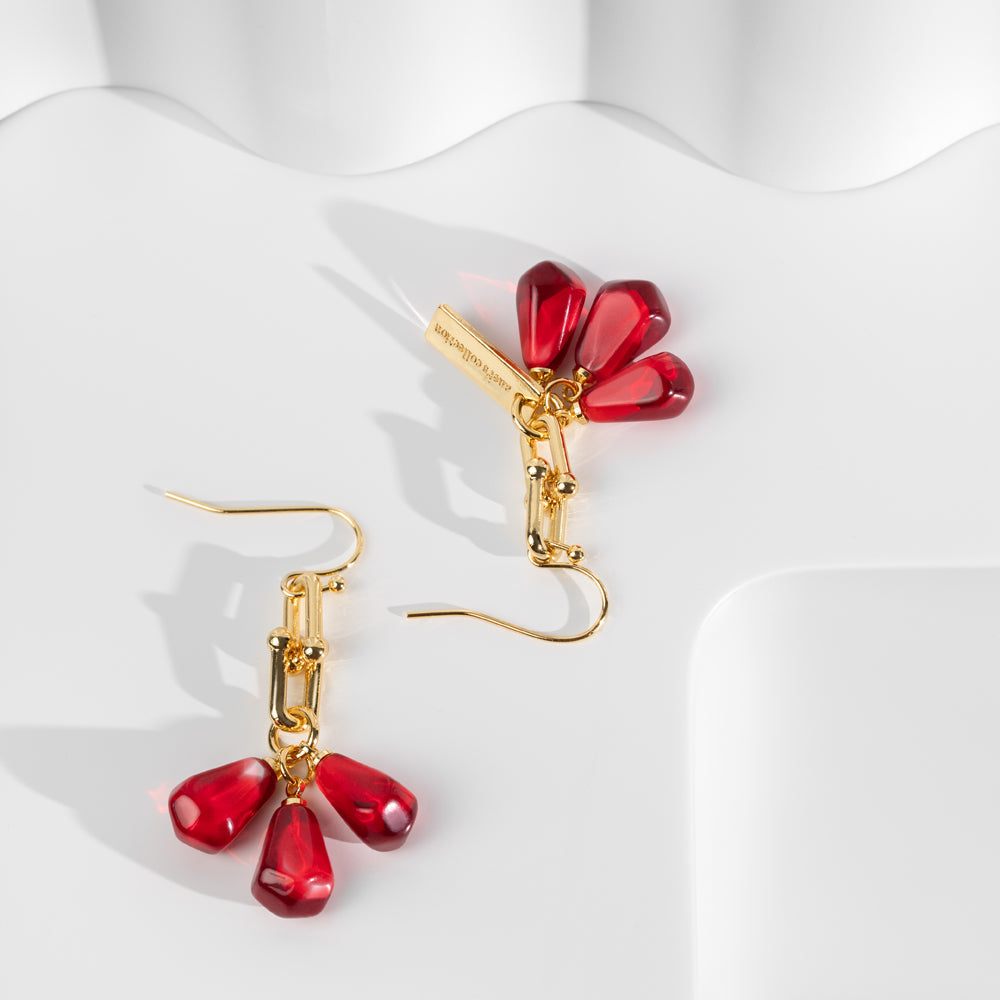 Gold Plated Pomegranate Seeds Earrings with Red Charms - Armenian Symbol of Fertility and Abundance - 1.5" Length Bijou Her