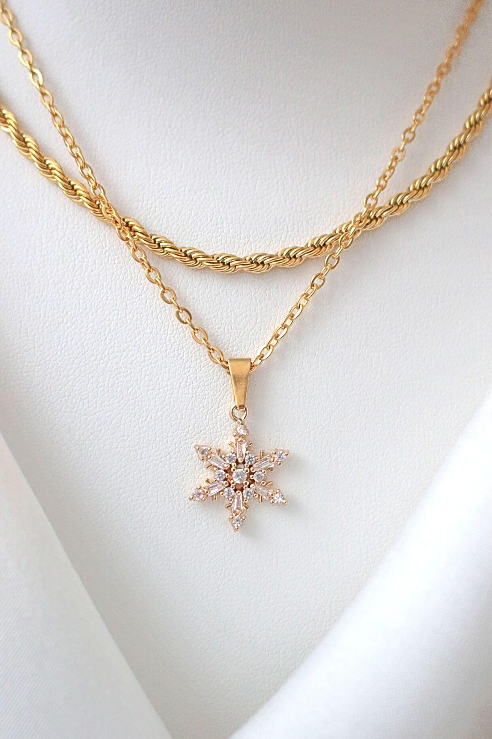 Gold Plated Snowflake Necklace - Dainty and Hypoallergenic Pendant with Cubic Zirconia Stones for Winter Aesthetics Bijou Her