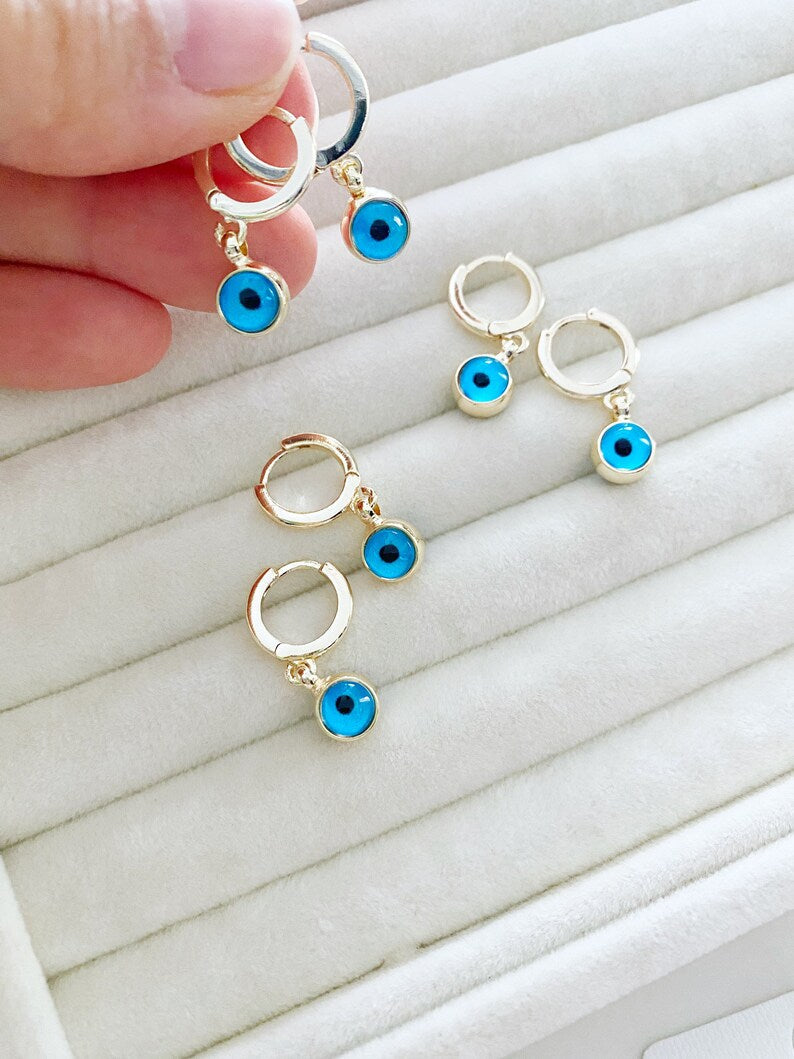Gold and Blue Evil Eye Hoop Earrings - Handmade Turkish Ojo Turco Beads, Dainty and Double-Sided Glass Beads Bijou Her