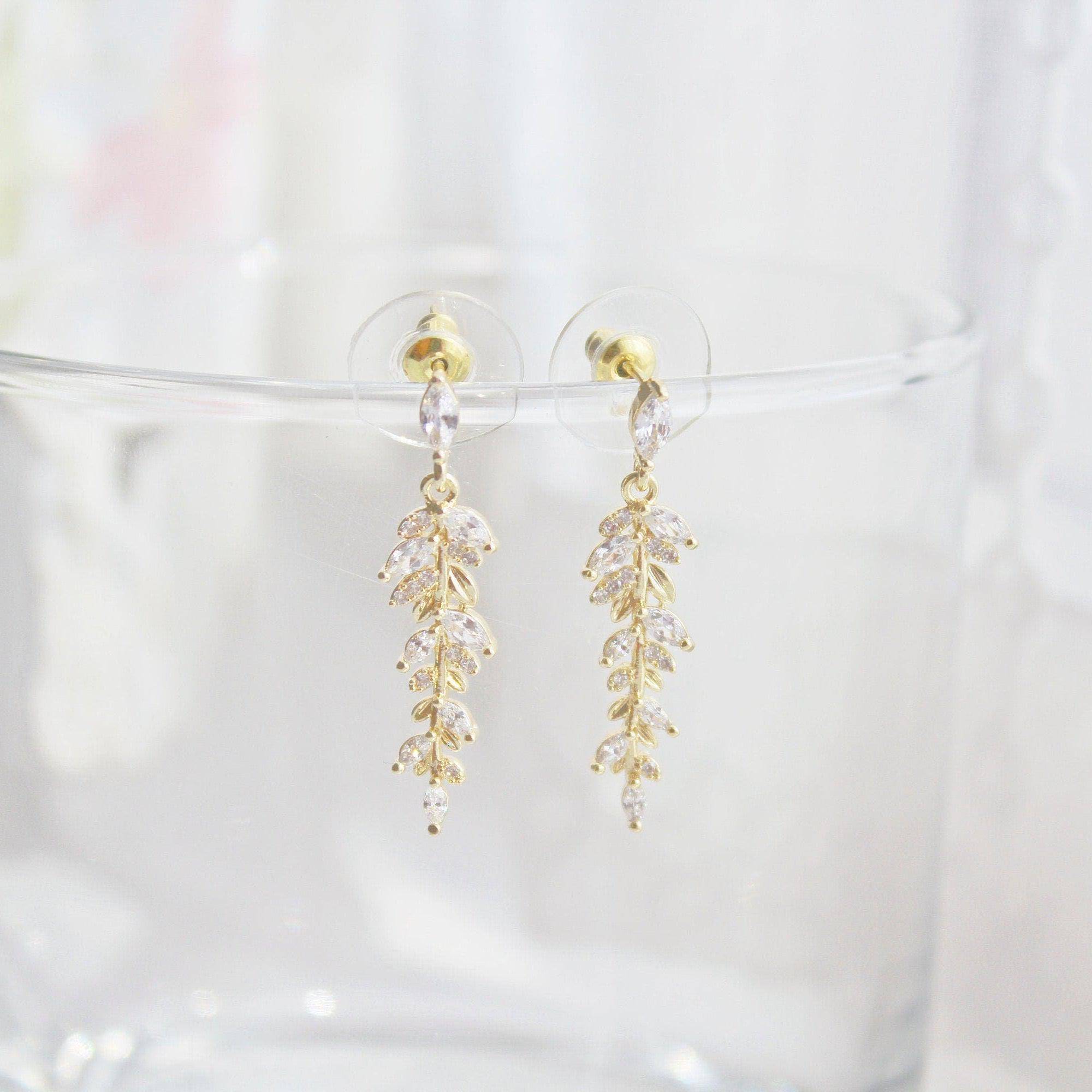 Gold and Crystal Willow Leaf Dangle Earrings - Elegant and Graceful Gift Box Included Bijou Her