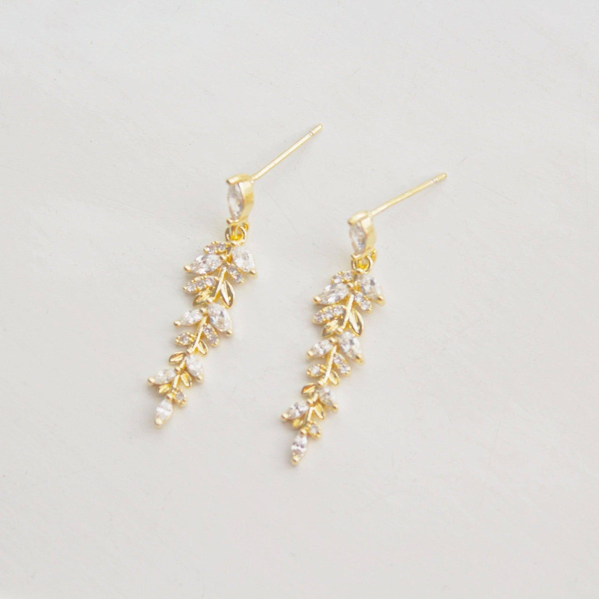 Gold and Crystal Willow Leaf Dangle Earrings - Elegant and Graceful Gift Box Included Bijou Her
