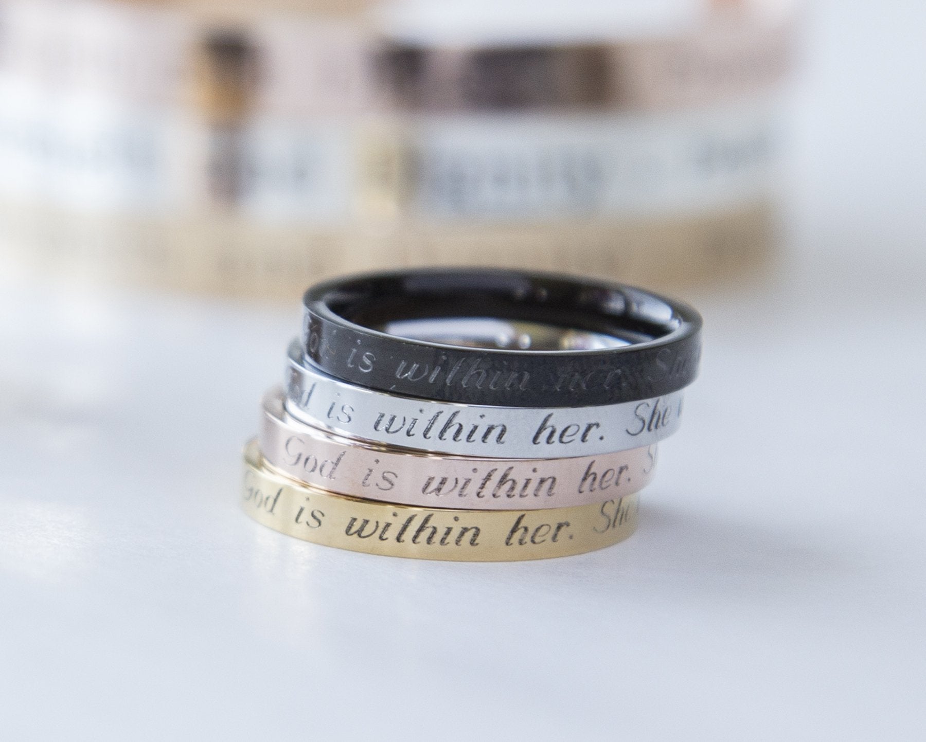 "Psalm 46:5 Engraved Ring - Stainless Steel with Gold, Rose Gold or Black Plating"
Keywords: Psalm 46:5, engraved ring, stainless steel, gold, rose gold, black plating. Bijou Her