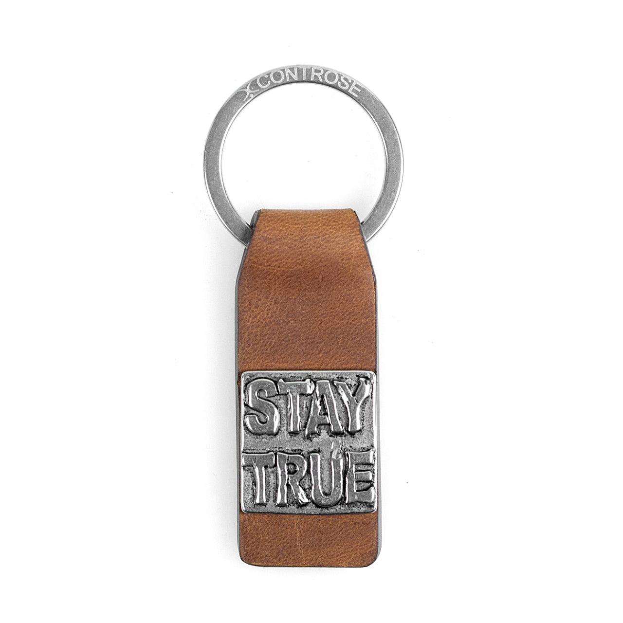 "Stay True" Leather Keychain - Reminder to Stay True to Yourself
This chic keychain features a light brown leather strap and a stainless steel ring with the Controse logo. The stainless steel plate on the strap is etched with the words "Stay True" Bijou Her