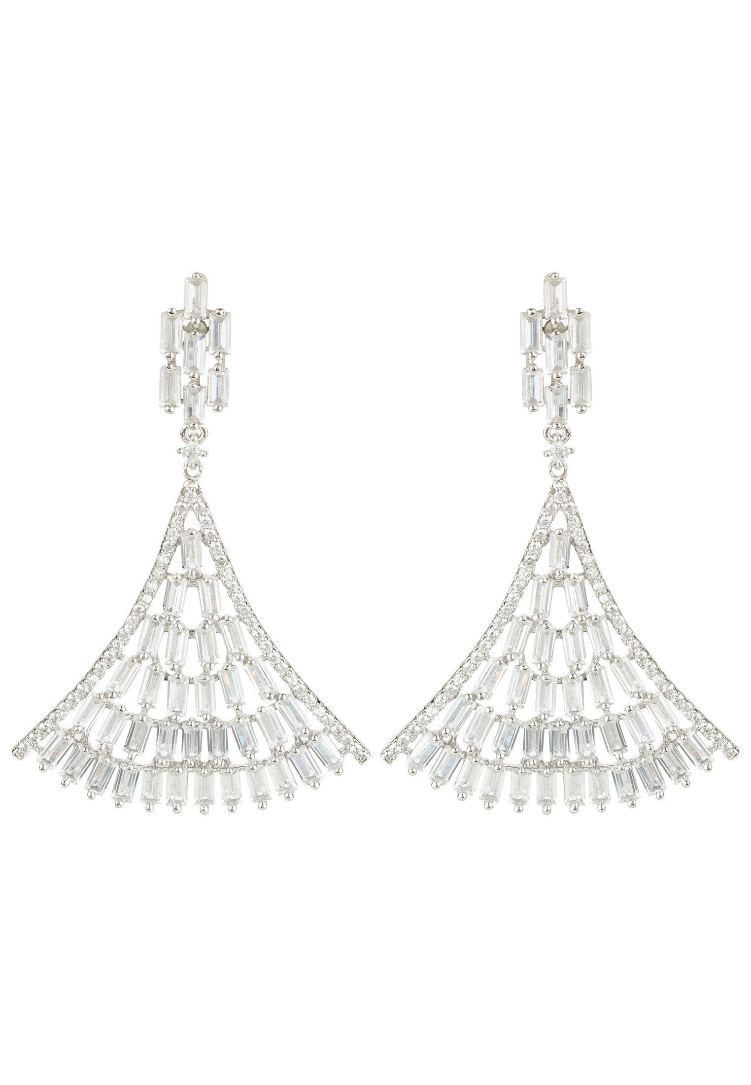 Sparkling Baguette Fan Tail Earrings in Sterling Silver - Perfect for Bridal and Evening Wear - Jewelry & Watches - Bijou Her -  -  - 