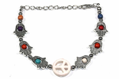 Hamsa Hand and Peace Charm Bracelet - Boho Style with Colorful Beads
Length: 6 inches with 1.5 inch extender. Lobster clasp closure. Base metal, beads. This bracelet features the divine Hamsa Hand - Bracelets - Bijou Her - Color -  - 