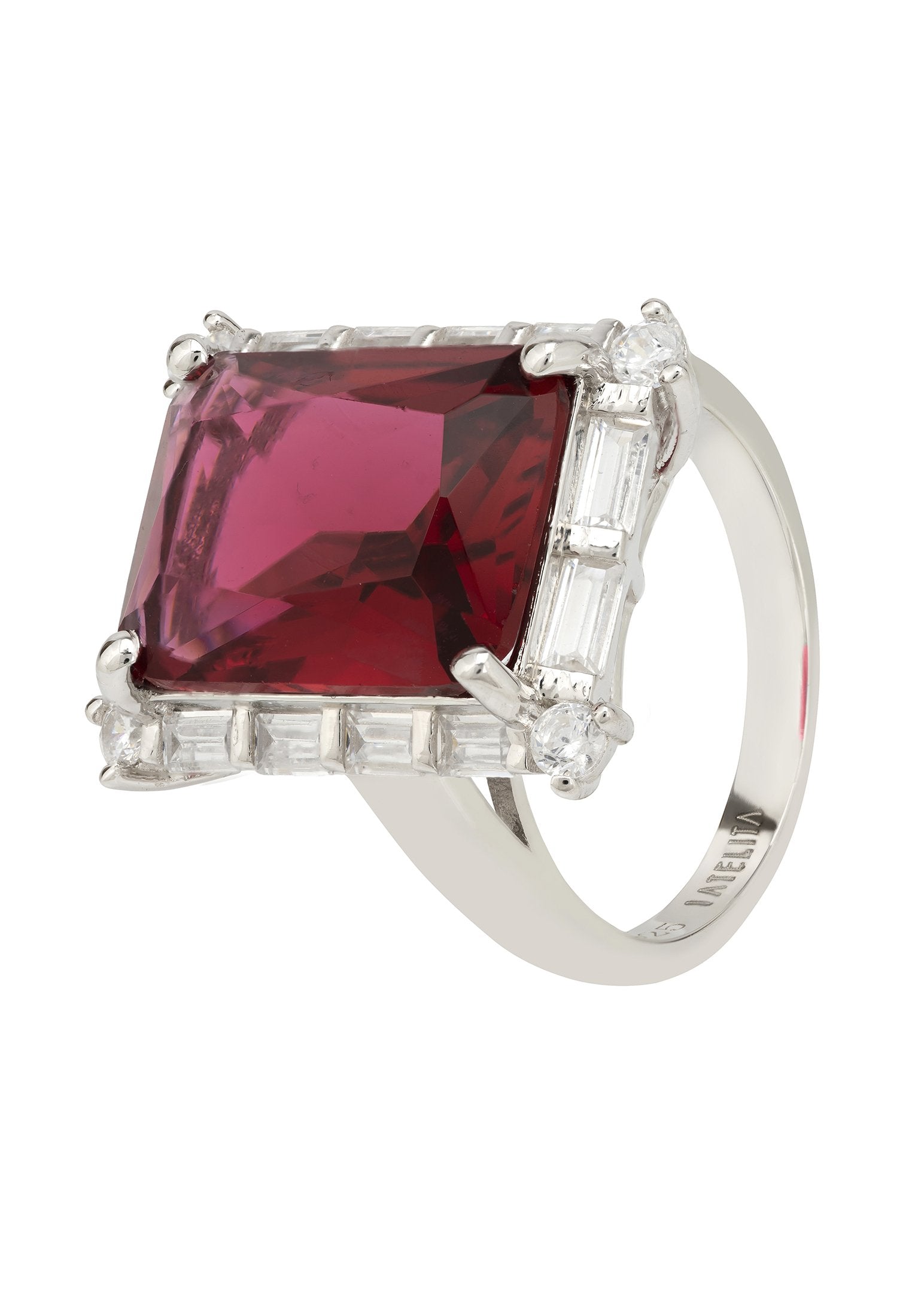Tudor Silver Ring with Cultured Ruby and White Zircon Baguettes - Ideal Statement Jewelry for Birthdays and Weddings - Jewelry & Watches - Bijou Her -  -  - 