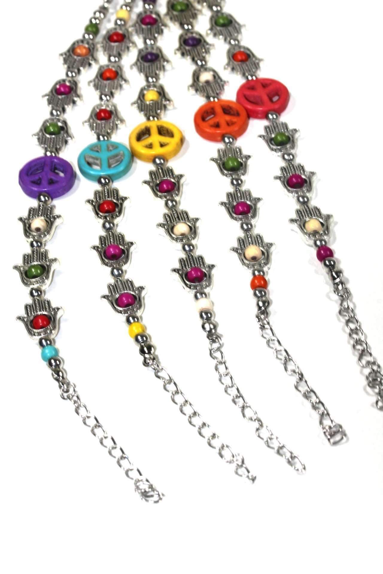 Hamsa Hand and Peace Charm Bracelet - Boho Style with Colorful Beads
Length: 6 inches with 1.5 inch extender. Lobster clasp closure. Base metal, beads. This bracelet features the divine Hamsa Hand - Bracelets - Bijou Her -  -  - 
