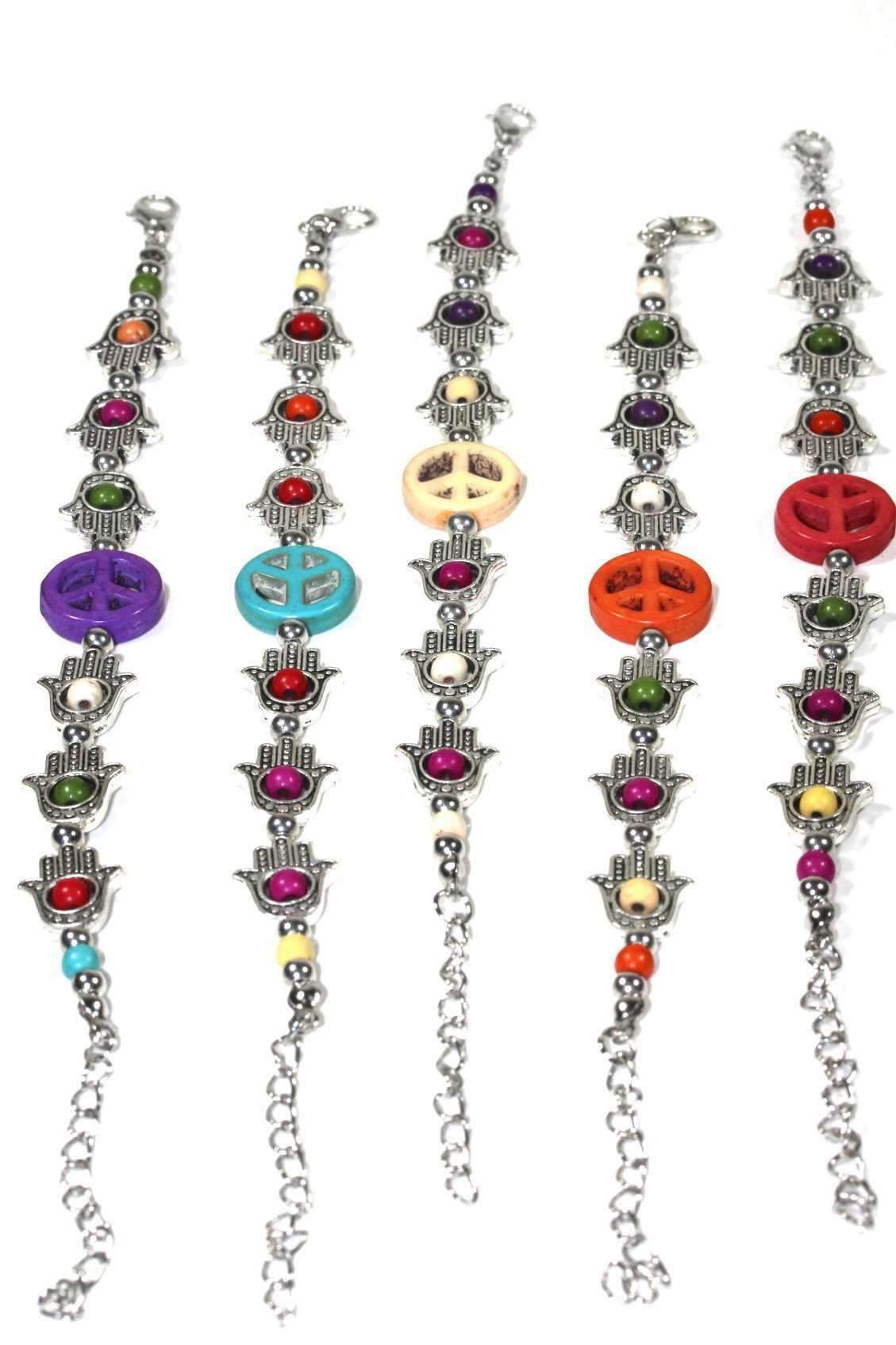 Hamsa Hand and Peace Charm Bracelet - Boho Style with Colorful Beads
Length: 6 inches with 1.5 inch extender. Lobster clasp closure. Base metal, beads. This bracelet features the divine Hamsa Hand - Bracelets - Bijou Her -  -  - 