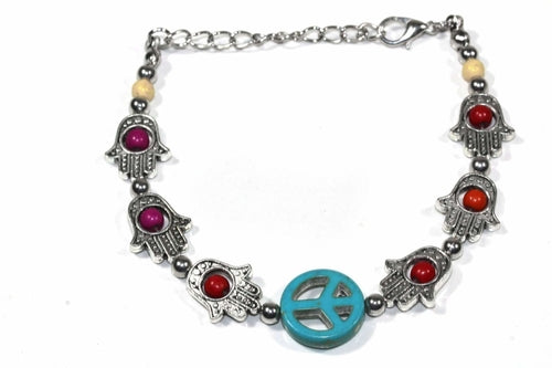 Hamsa Hand and Peace Charm Bracelet - Boho Style with Colorful Beads
Length: 6 inches with 1.5 inch extender. Lobster clasp closure. Base metal, beads. This bracelet features the divine Hamsa Hand - Bracelets - Bijou Her - Color -  - 