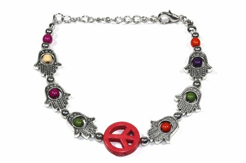 Hamsa Hand and Peace Charm Bracelet - Boho Style with Colorful Beads
Length: 6 inches with 1.5 inch extender. Lobster clasp closure. Base metal, beads. This bracelet features the divine Hamsa Hand - Bracelets - Bijou Her - Color -  - 