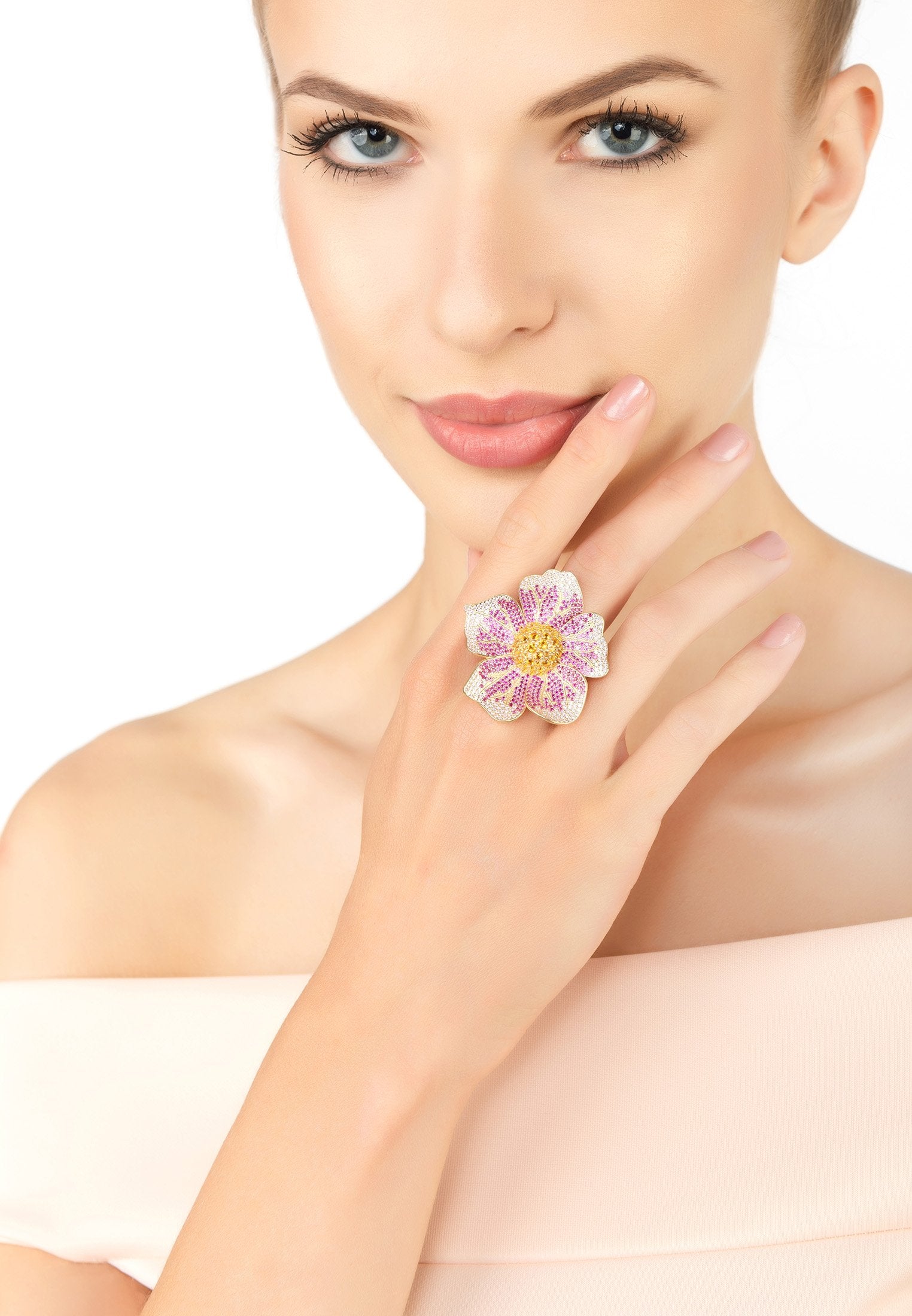 Pink Pansy Flower Cocktail Ring with Cubic Zirconia in Gold Plated Sterling Silver - Ideal Gift for Loved Ones - Jewelry & Watches - Bijou Her -  -  - 