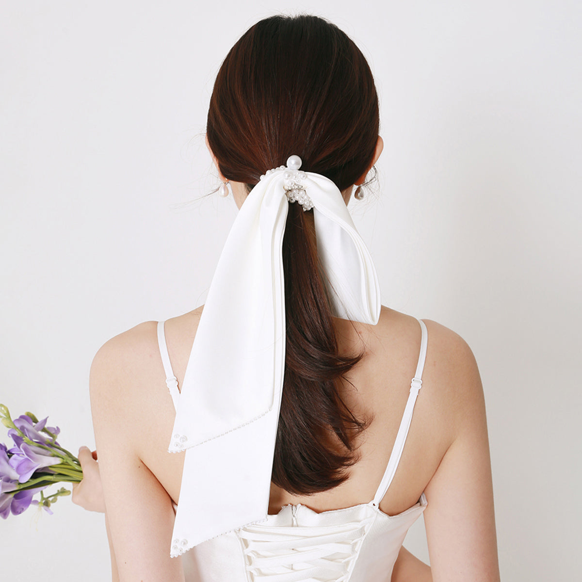 Handmade Simple White Satin Pearl Bow Hair Loop - 0 - Bijou Her -  -  - 