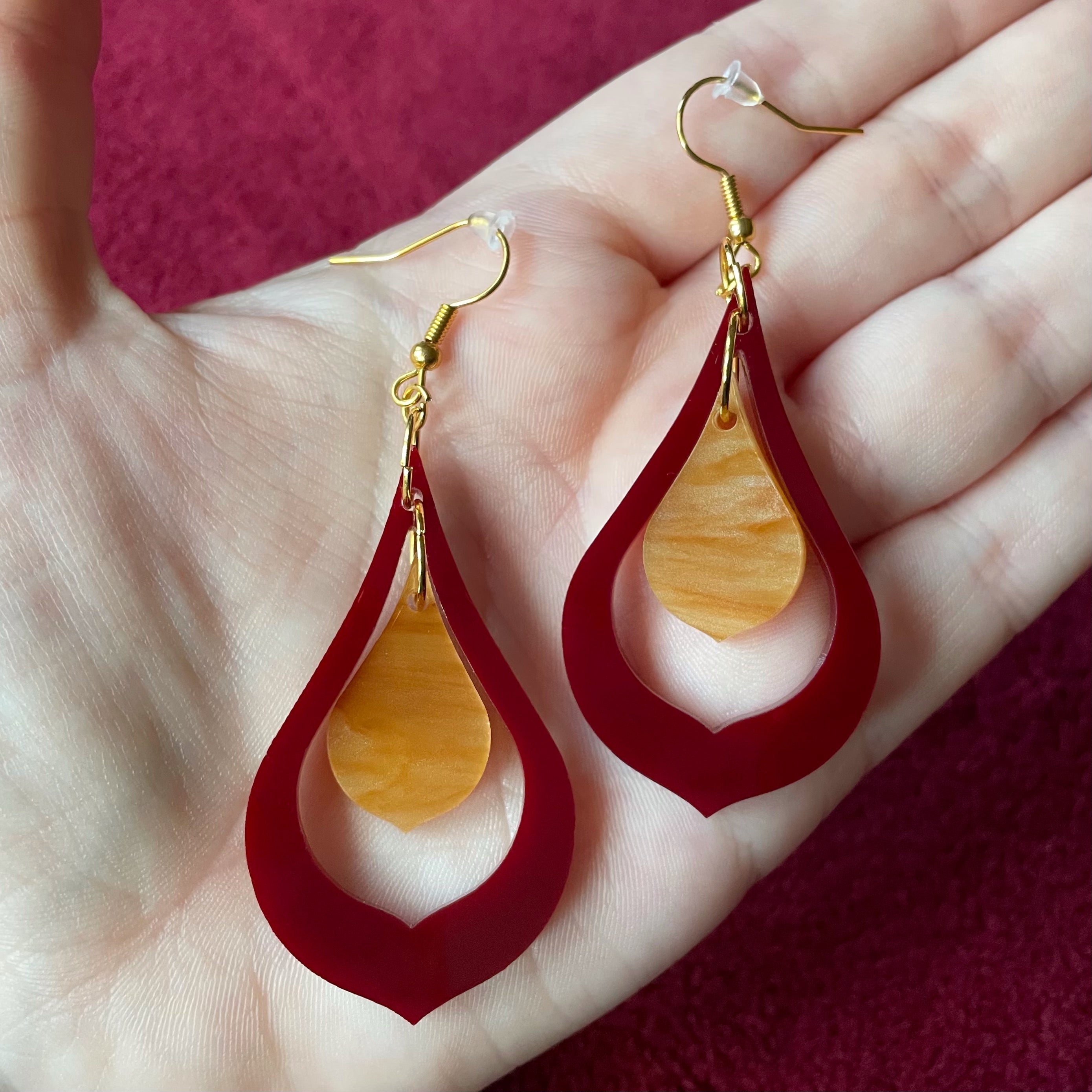 Maroon and Caramel Sophia Earrings - Laser Cut Acrylic Dangles, 7.5cm Height, 1960s and 70s Inspired - Jewelry & Watches - Bijou Her -  -  - 