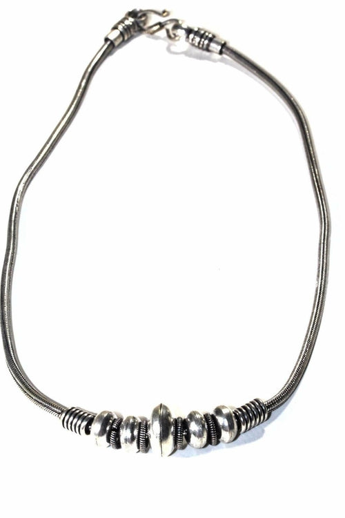 Tribal Coil Bead Necklace - Silver Tone Disk Charms on Snake Chain, 18 Inches - Necklaces - Bijou Her - Color -  - 