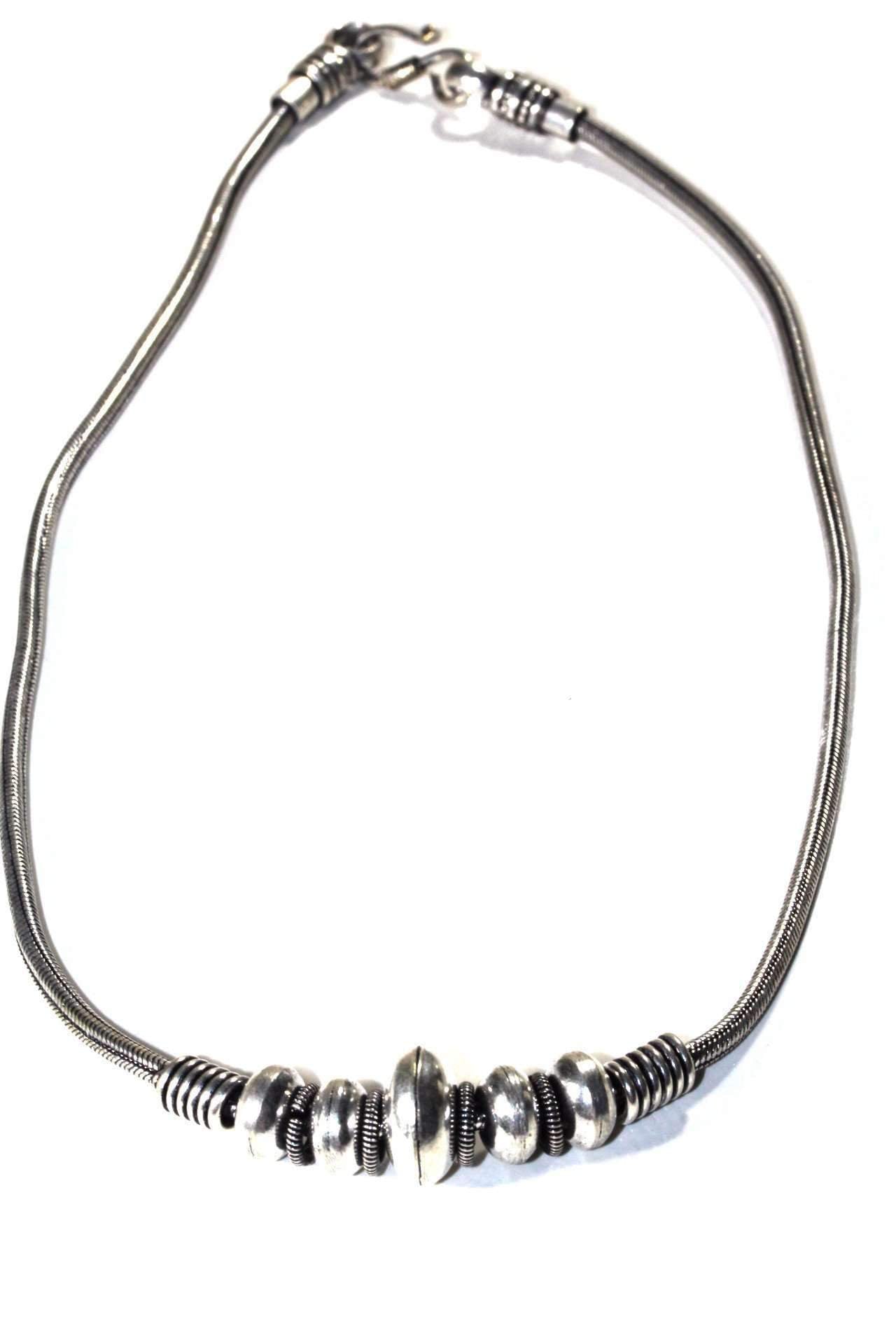 Tribal Coil Bead Necklace - Silver Tone Disk Charms on Snake Chain, 18 Inches - Necklaces - Bijou Her -  -  - 