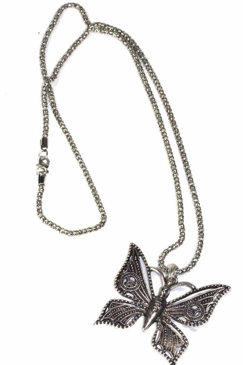 Silver Gothic Butterfly Necklace with Peace Signs and Skull Head Pendant - Necklaces - Bijou Her - Color -  - 