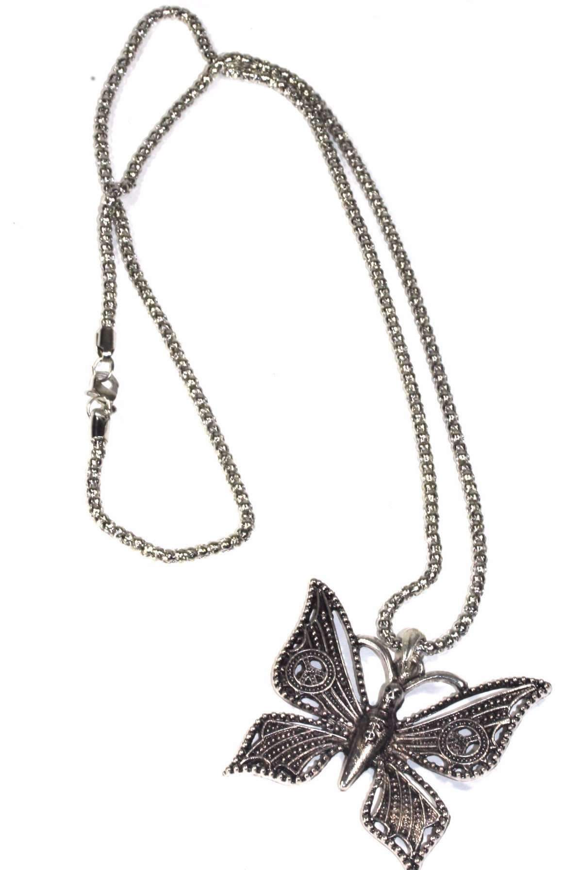 Silver Gothic Butterfly Necklace with Peace Signs and Skull Head Pendant - Necklaces - Bijou Her -  -  - 