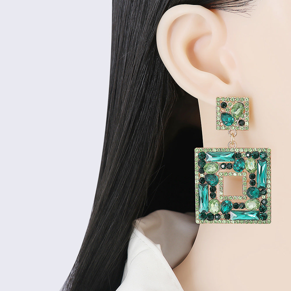 Large Plate Square Rhinestone-encrusted Stud Earrings Trendy Fashion Ornament - 0 - Bijou Her -  -  - 