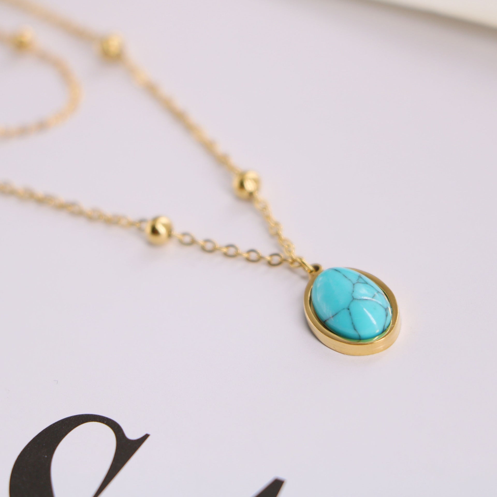 Natural Turquoise Oval Double Necklace Female - 0 - Bijou Her -  -  - 