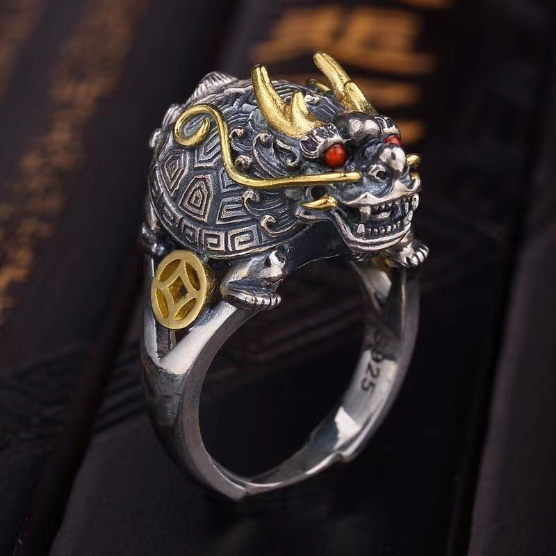 Men's Vintage Open Sculpture Dragon Turtle Ring - 0 - Bijou Her -  -  - 