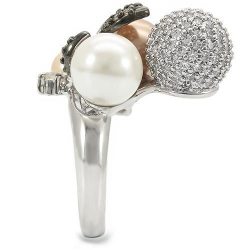 Rhodium and Ruthenium Brass Ring with Multi-Colored Synthetic Pearl - In Stock, Ships in 1 Day - Rings - Bijou Her -  -  - 