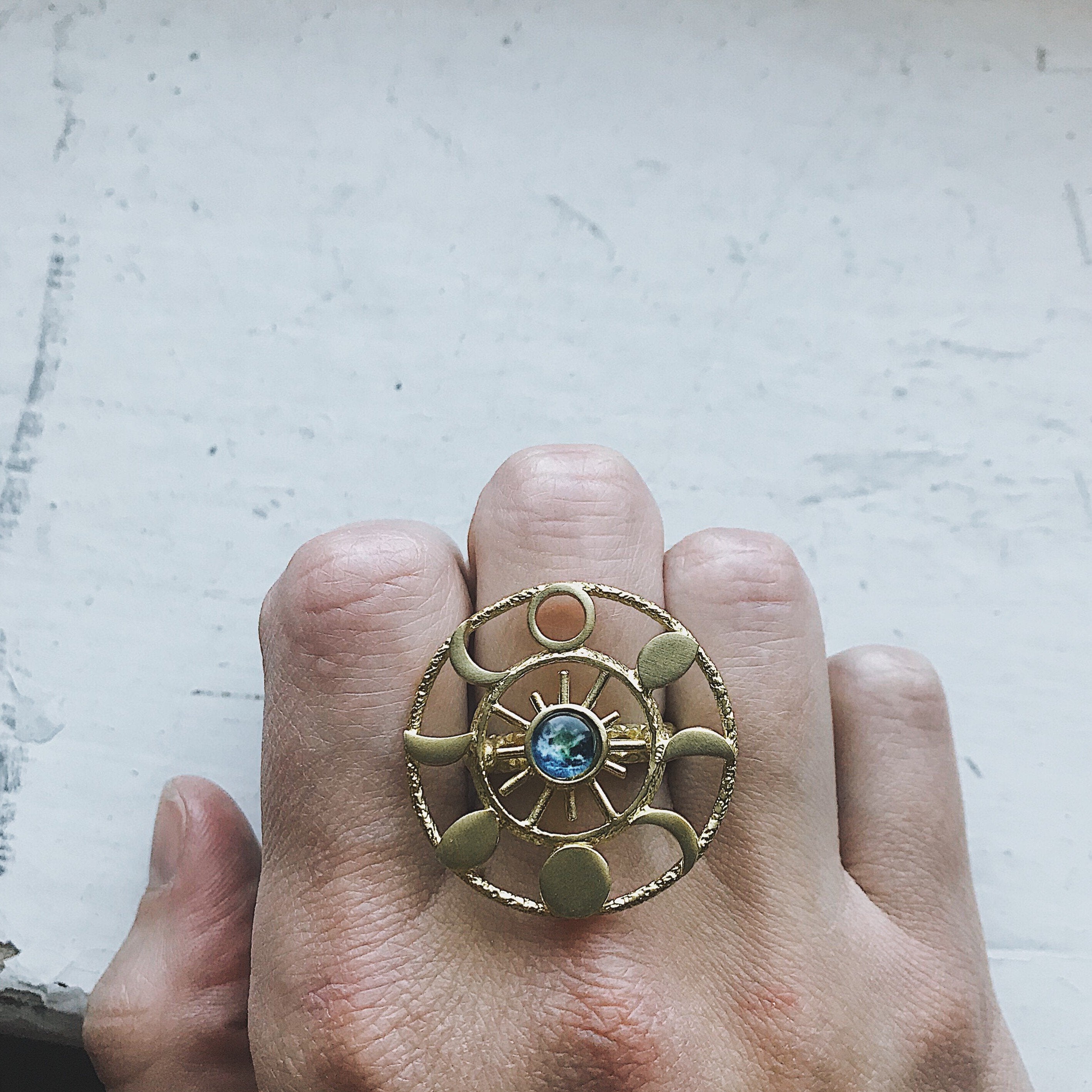 Moon Phase Cocktail Ring - Textured Brass with Glass Earth and 8 Lunar Phases in Halo - Jewelry & Watches - Bijou Her -  -  - 