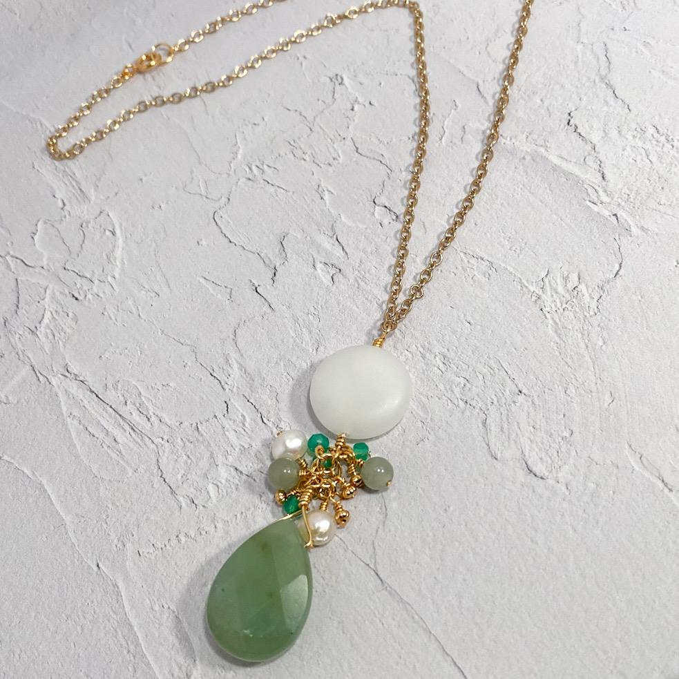 Jade and Sea Glass Drop Pendant Necklace - Earthy Green Teardrop with Beads and Pearls - Jewelry & Watches - Bijou Her -  -  - 