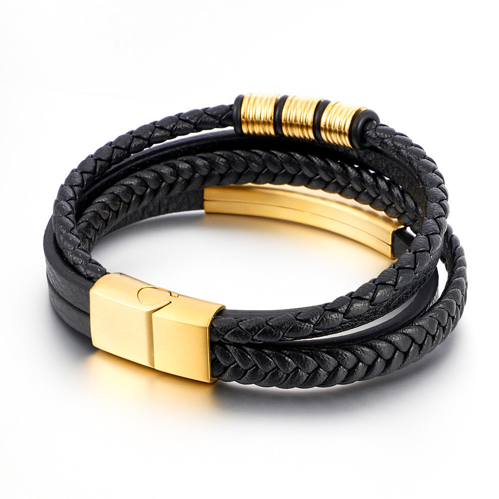 Woven Men's Magnetic Buckle Multi-layer Leather Bracelet - 0 - Bijou Her -  -  - 