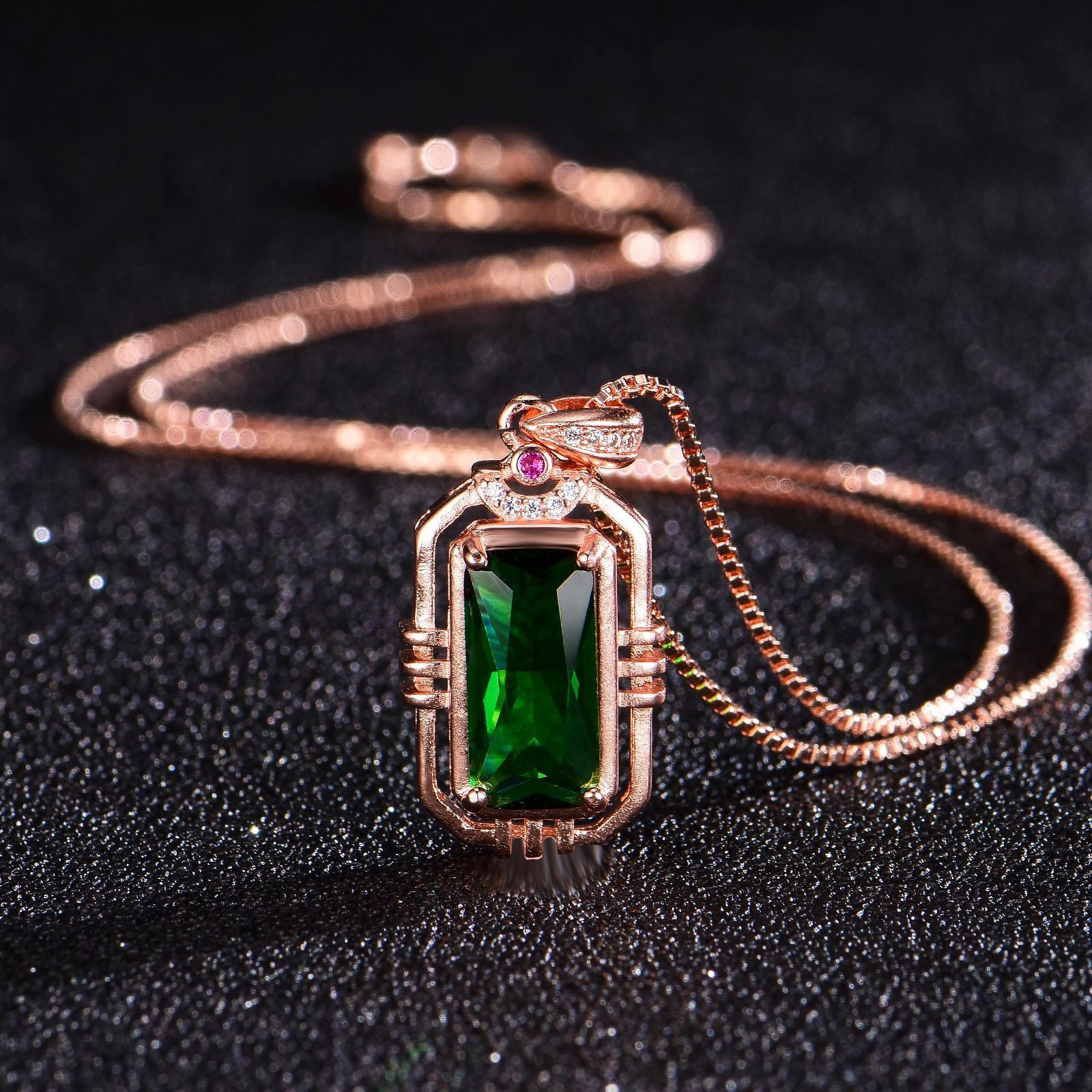 Rectangular Simulation Emerald 18K Rose Gold Color Treasure Pendant Necklace For Women - 0 - Bijou Her -  -  - 