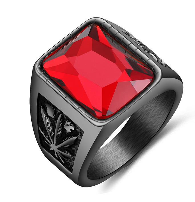 Maple Leaf Black Ruby Stainless Steel Ring For Men - 0 - Bijou Her -  -  - 