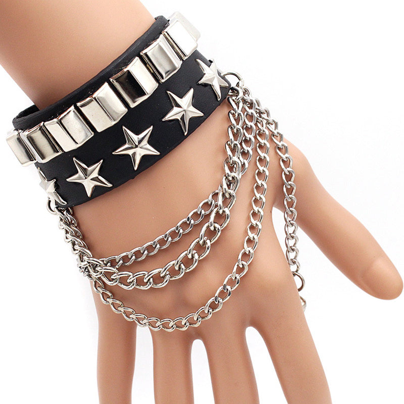 Rivet Star Pentagram Wrap Silver Multi-layered Chains Leather Bracelet Women Pentagram Wrap Bracelet Wristband For Women Hip Hop Jewelry - 4 - Bijou Her -  -  - 