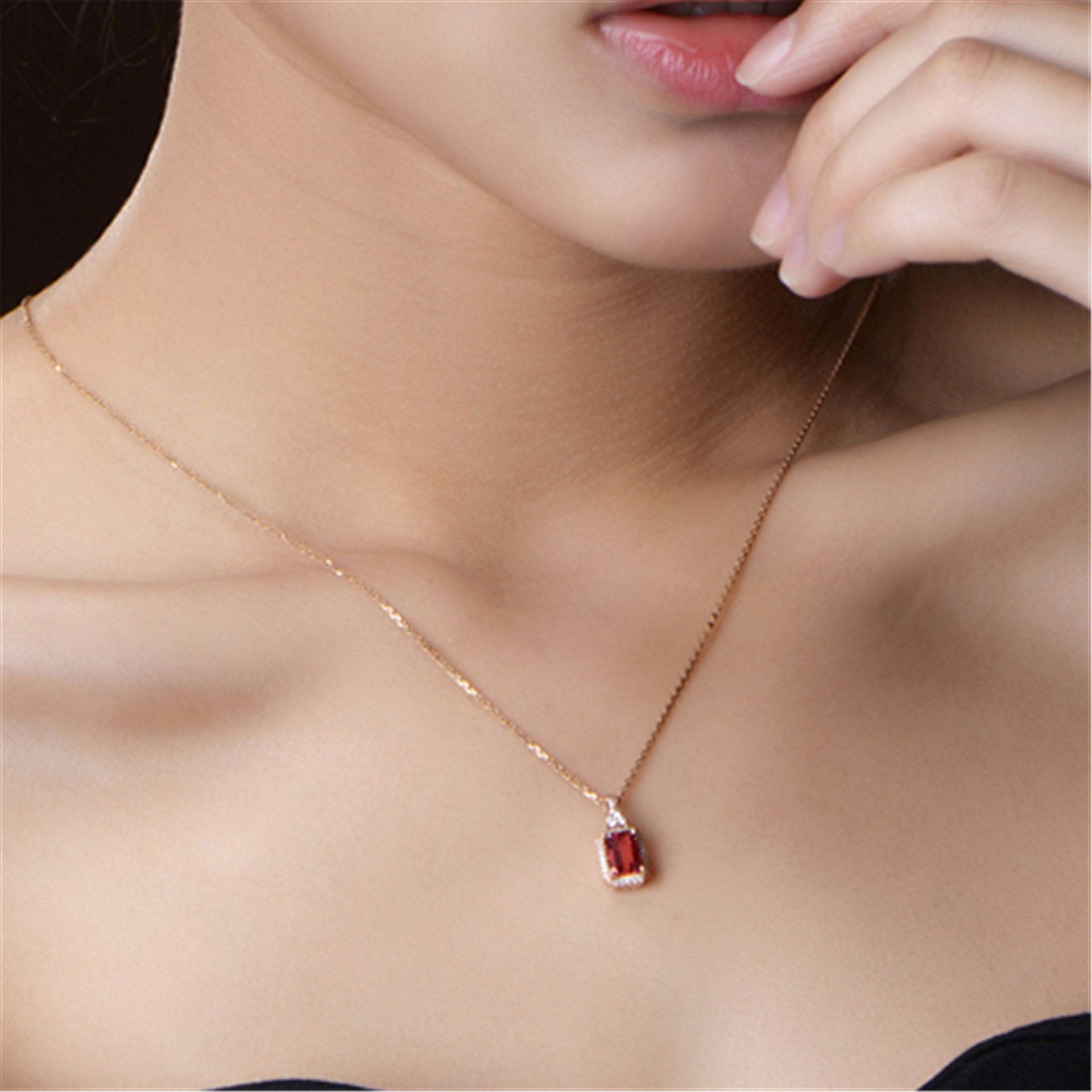 Natural Red Tourmaline Pendant Necklace Square Stone Item Pendant Clavicle Chain - 0 - Bijou Her -  -  - 