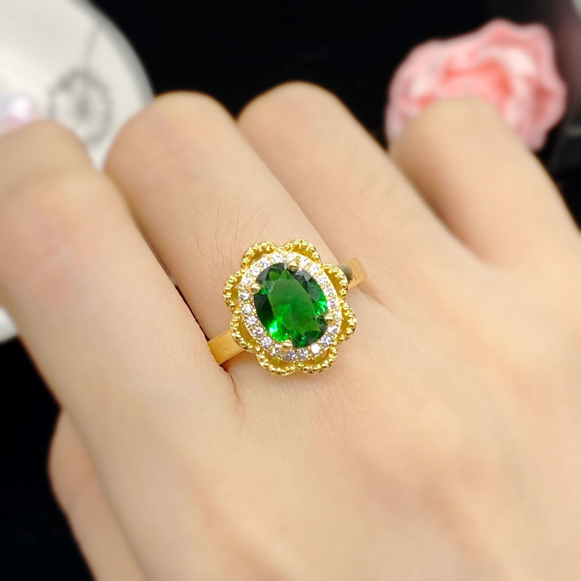 Hollowed Out Flower Shape Simulation Emerald Tourmaline Color Treasure Ring Female Yellow Gold - 0 - Bijou Her -  -  - 