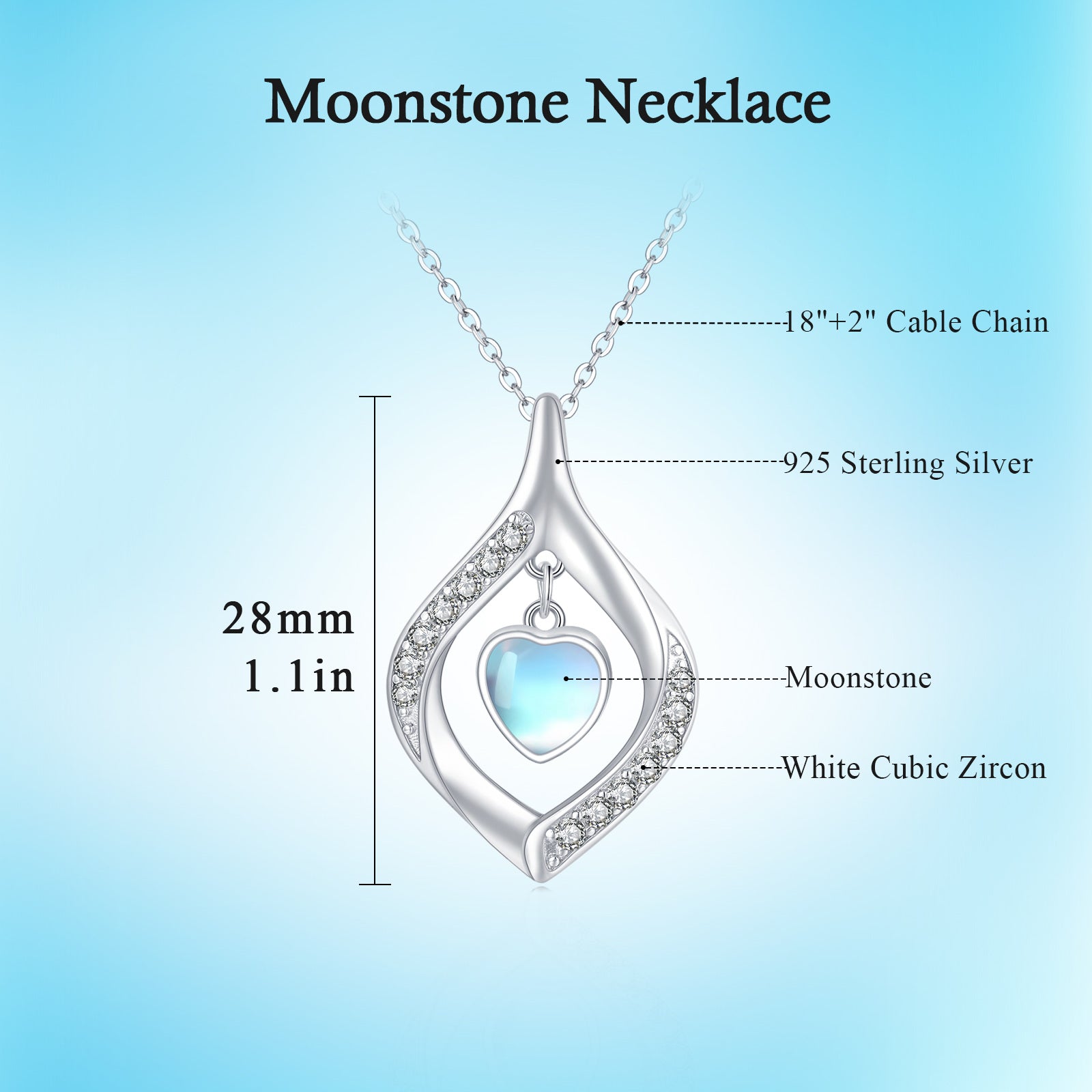 Love Heart Moonstone Pendant Necklace with Cubic Zircon in 925 Sterling Silver - 5 - Bijou Her -  -  - 