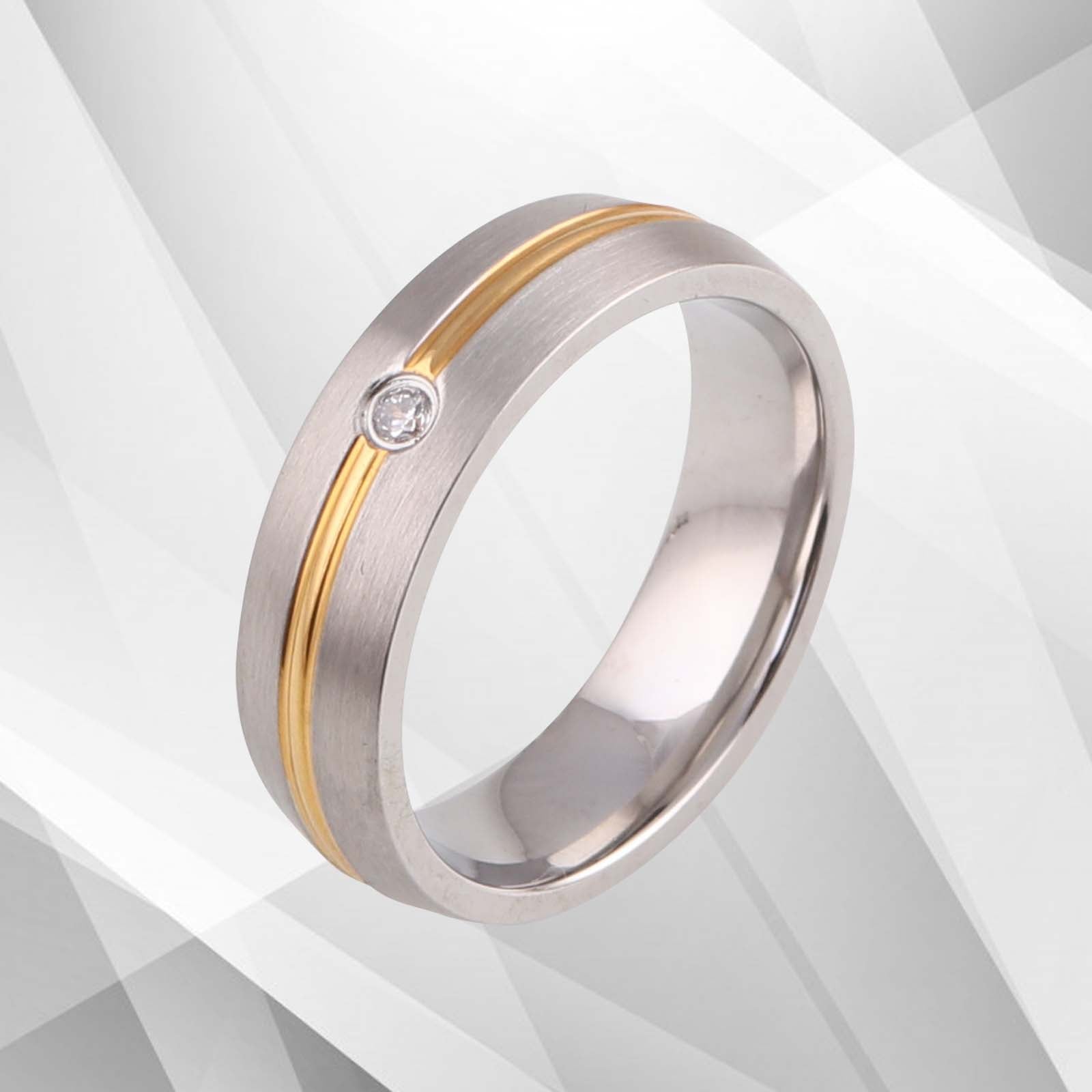 Titanium CZ Diamond Wedding Band Ring - 6mm Wide, 18Ct Yellow & White Gold Finish, Comfort Fit - Women's Engagement Ring - Jewelry & Watches - Bijou Her -  -  - 